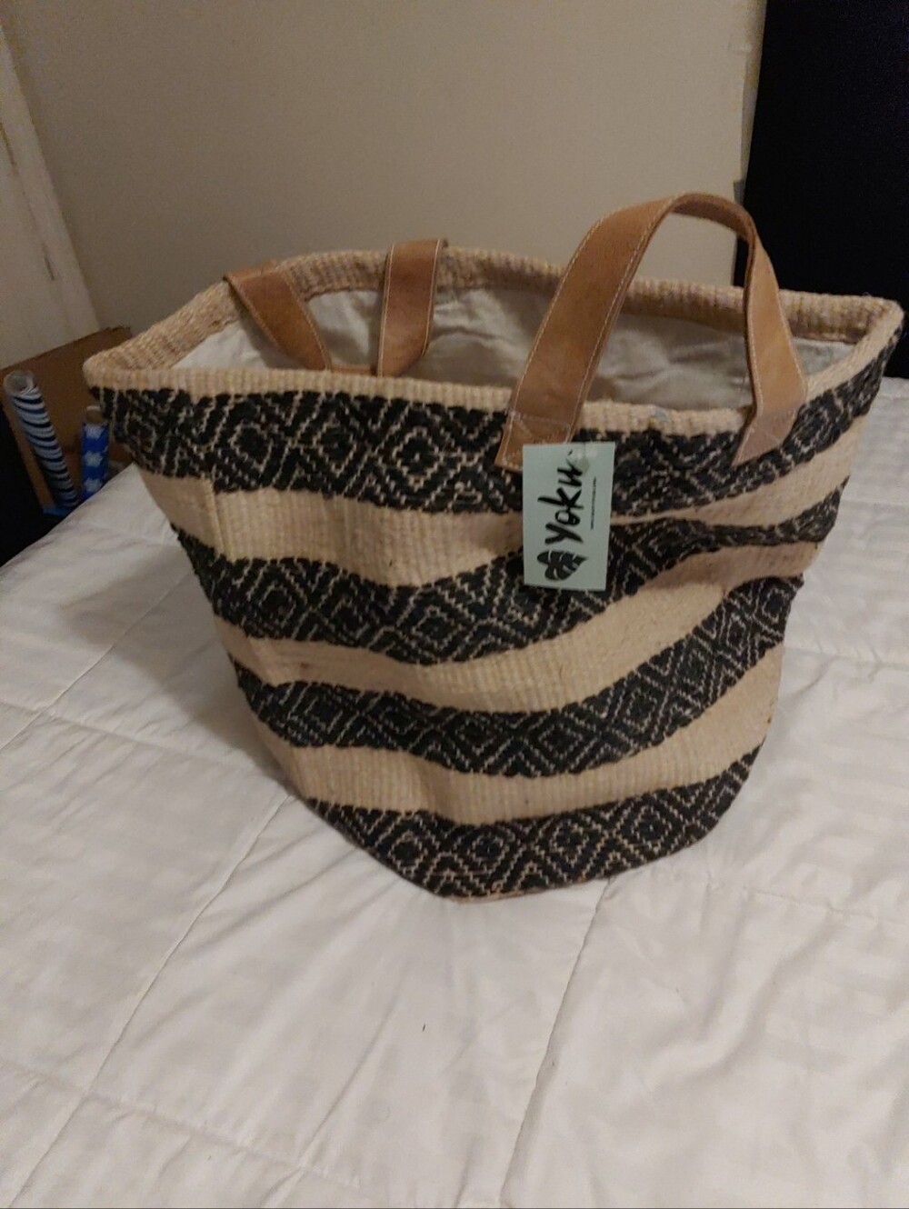 Yoku Black and Natural Striped Woven Tote with Tan Straps - Picture 2 of 3
